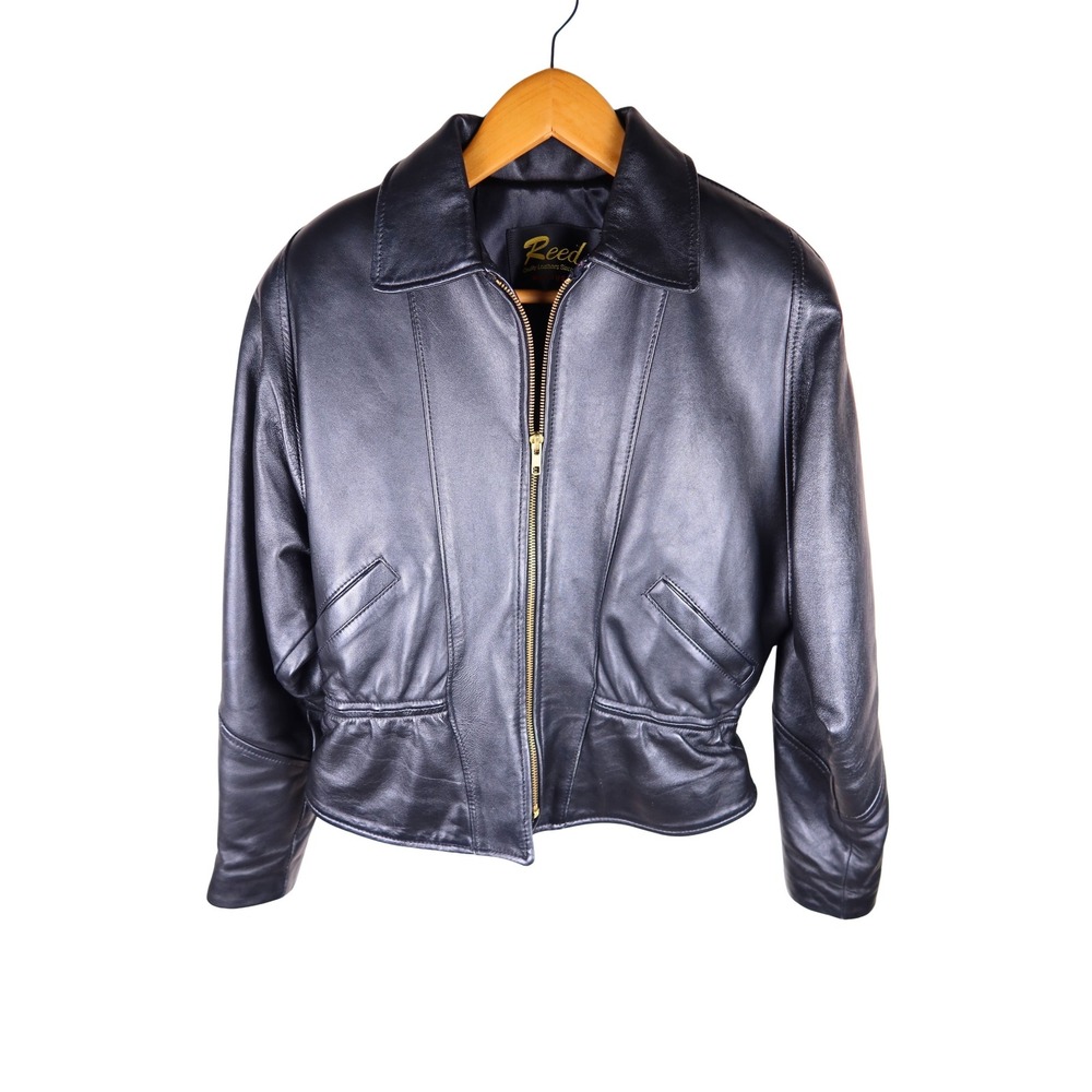 Reed Sportswear Vintage Black Leather Bomber Jacket Women Large Excellent